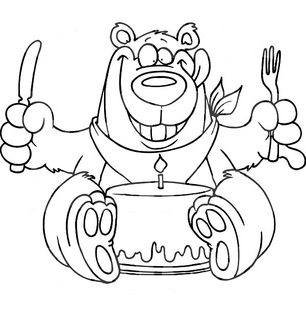 600x612 Birthday Bear Eating Chocolate Cake Coloring Pages