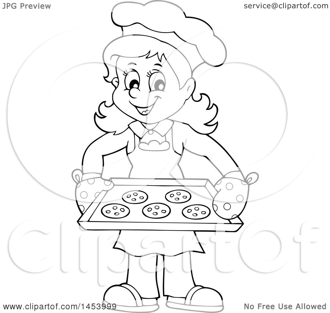 1080x1024 Clipart Of A Black And White Lineart Happy Woman Baking Chocolate