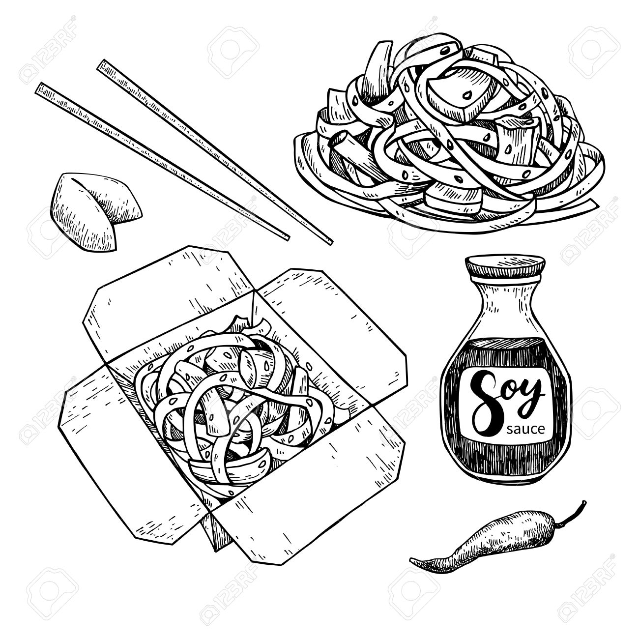 1300x1300 Wok Vector Drawing Set. Isolated Chinese Box And Chopsticks