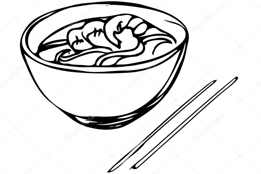 1023x682 Vector Sketch Of Chinese Noodles With Shrimp And Chopsticks