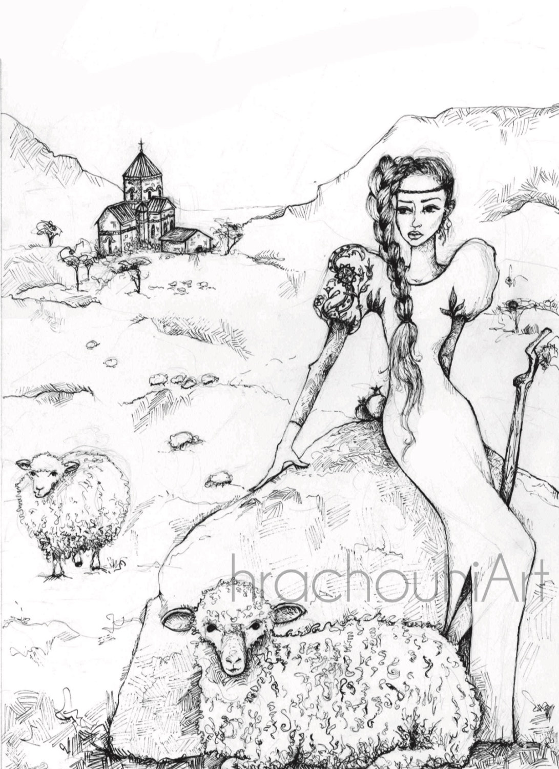 1091x1500 Sheep Girl Print Armenian Art Fashion Illustration Christian