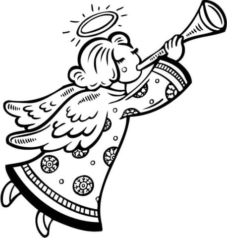 458x480 Christmas Angel Blows A Horn Coloring Page Free Printable