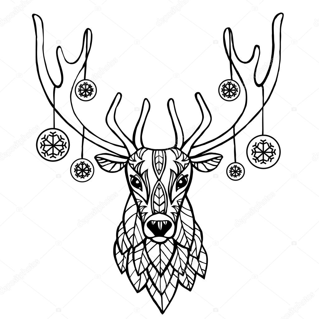 1024x1024 Christmas Deer Hand Drawn Vector Illustration. Ethnic Animals