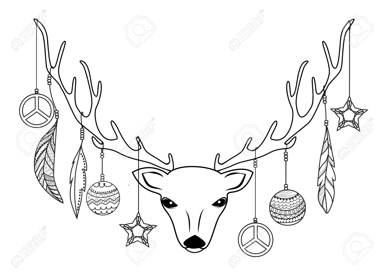 1300x924 Reindeer Head With Christmas Balls And Feathers Hanging On Antlers