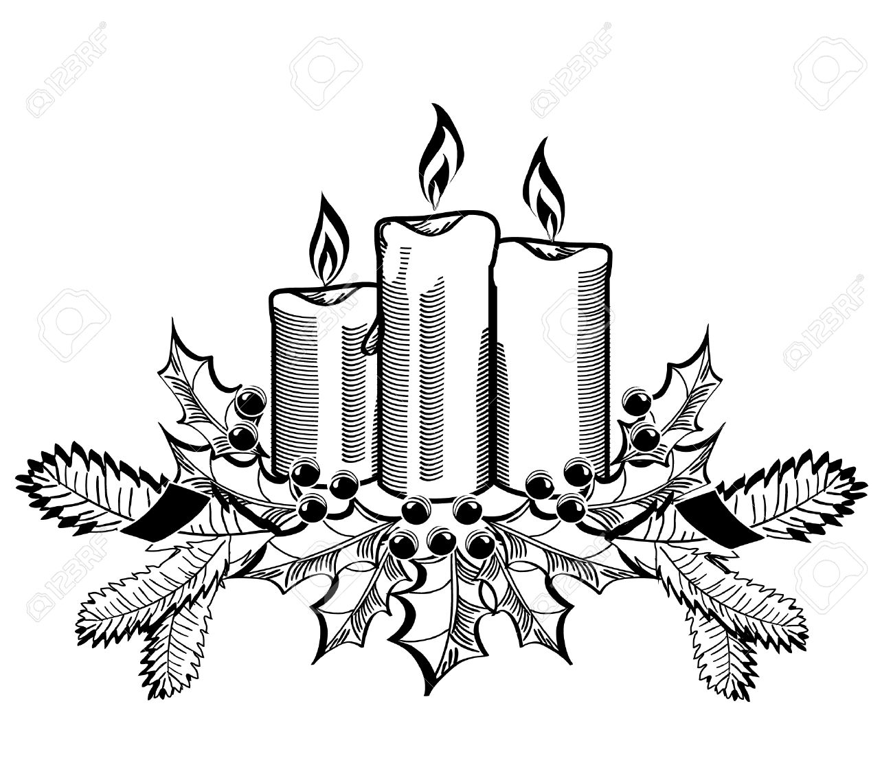 1300x1114 Christmas Candles And Holly Sprigs On White. Royalty Free Cliparts