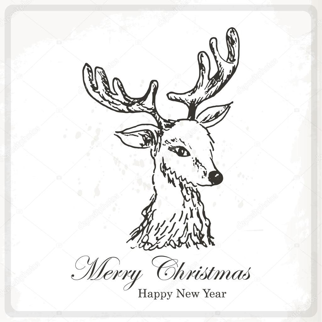 1024x1024 Christmas Card With Sketch Deer. Hand Drawing Vector Illustration