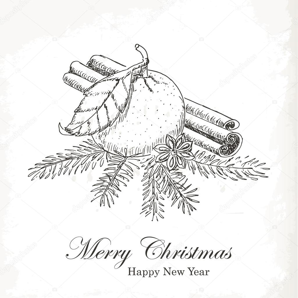1024x1024 Christmas Card With Sketch Mandarin, Vanilla, Cinnamon And Spruce