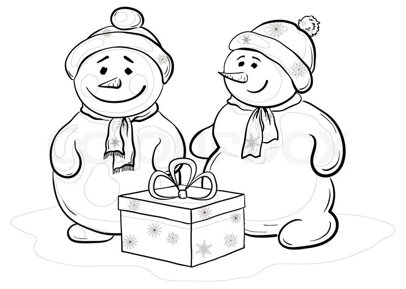 800x570 Christmas Cartoon, Snowmens Children With Gift Box, Contours