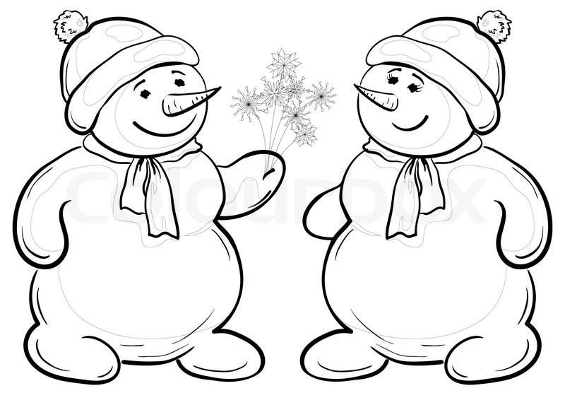 800x556 Christmas Cartoon, Snowmens Children With Snowy Flowers, Contours