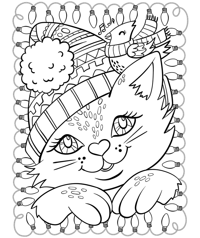 768x912 Christmas Cat And Cardinal Coloring Page