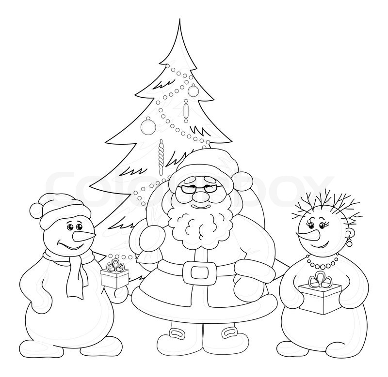 800x779 Santa Claus, Christmas Tree And Snowmans, Outline Stock Photo