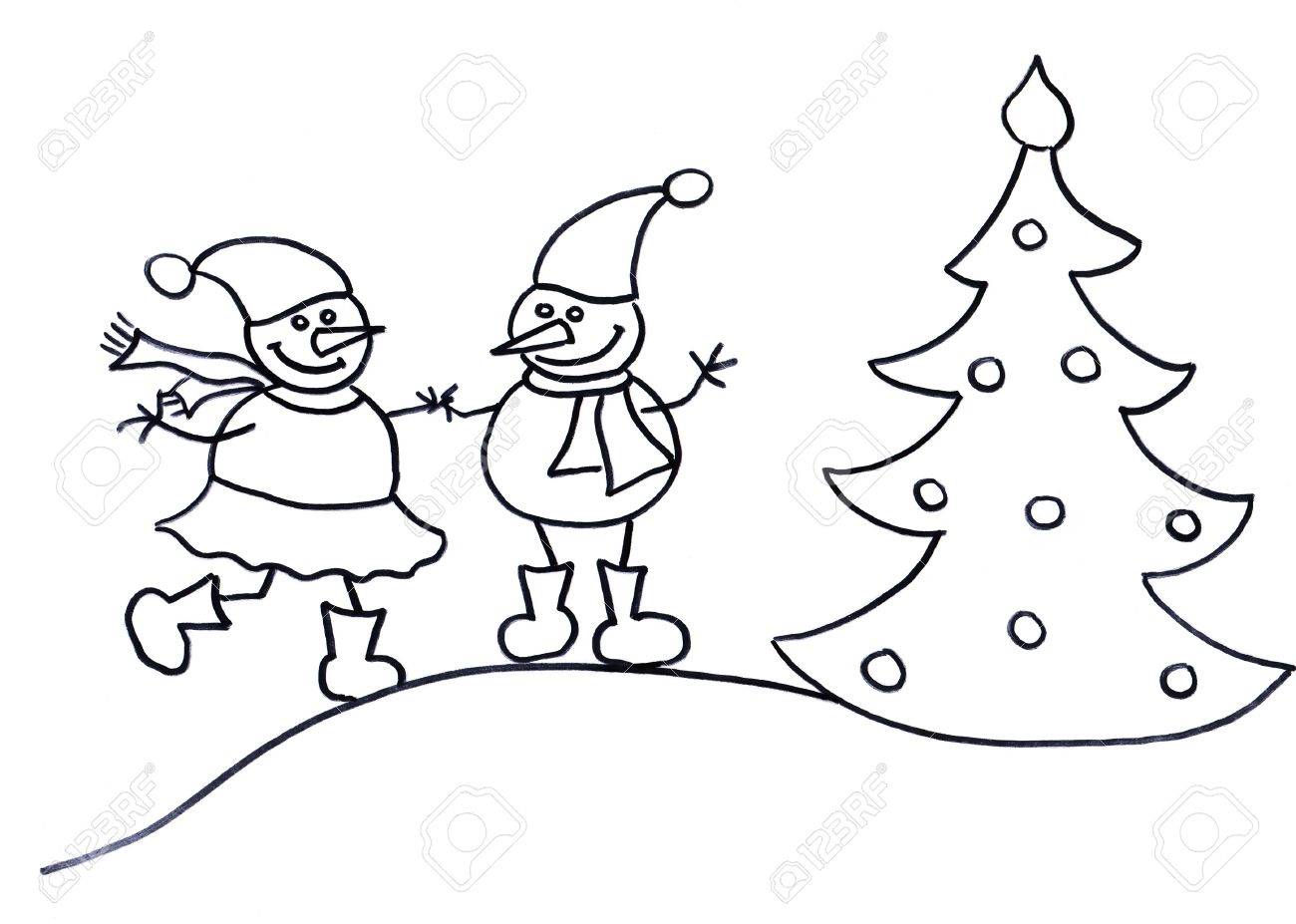 1300x927 Child's Drawing Of Couple Snowman And Snowwoman Stock Photo