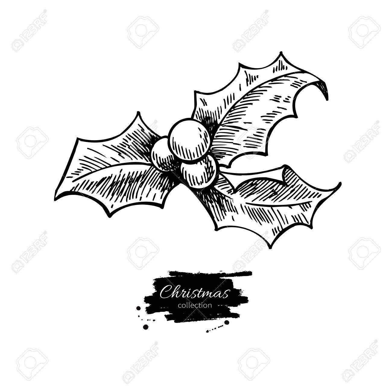 1300x1300 Christmas Mistletoe, Holly Berry With Leaves. Hand Drawn Vector