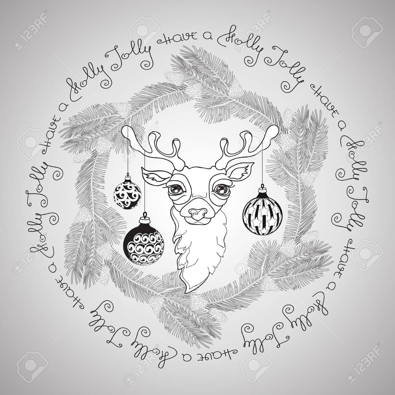 1300x1300 Hand Drawn Floral Frame With Cute Christmas Deer Face, Pine