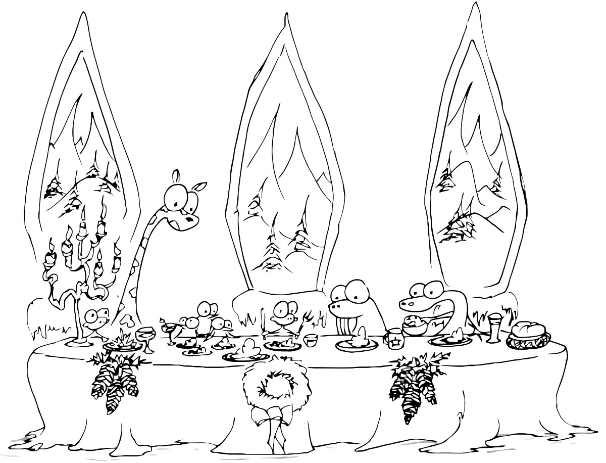 1200x916 A Christmas Dinner Coloring Page With Monkeys, A Walrus, And Some