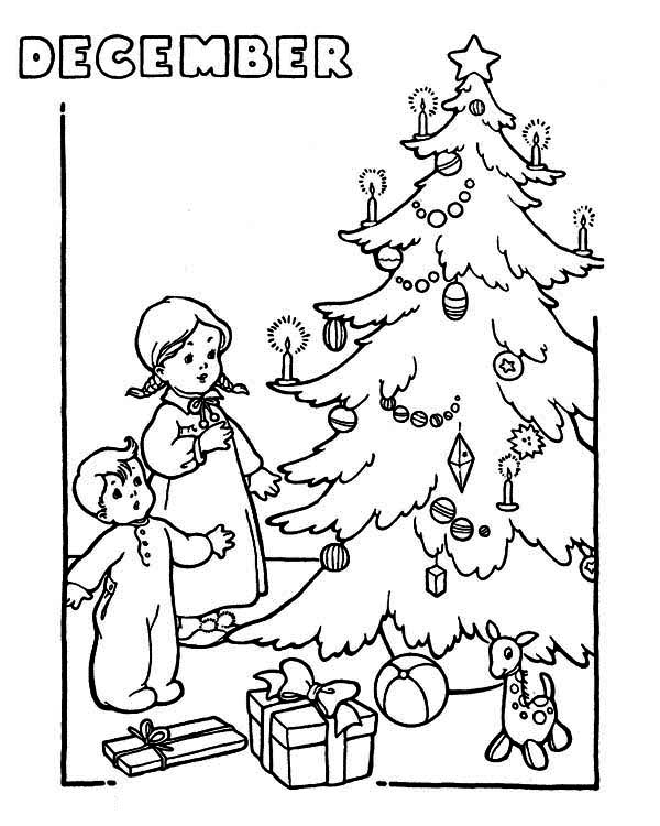 600x750 Two Kids Cheering The Christmas Trees On Winter Coloring Page
