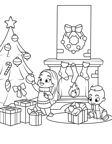 371x480 Kids Near The Fireplace And Christmas Tree Coloring Page Free