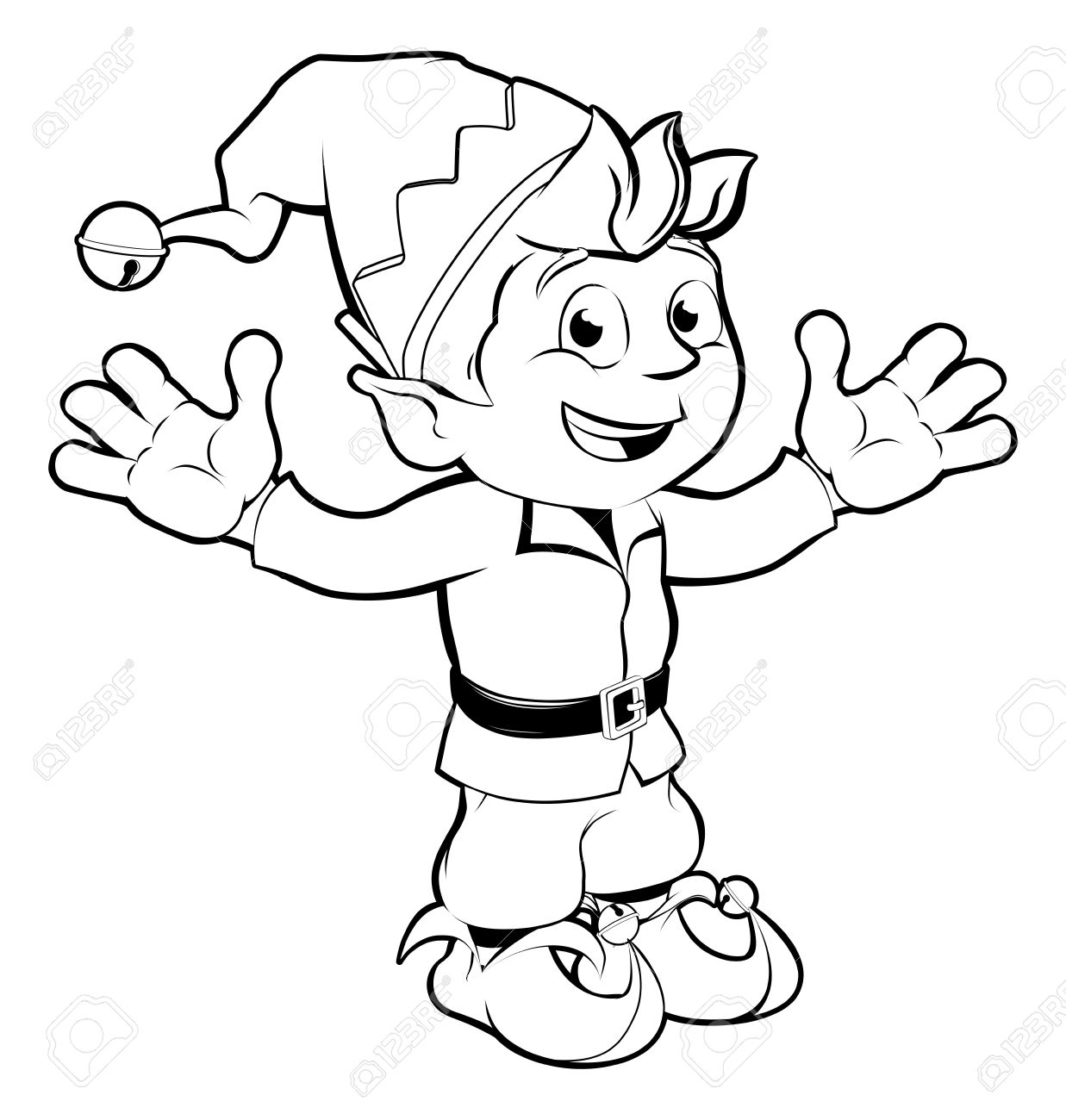 1237x1300 Monochrome Drawing Of Happy Christmas Elf Smiling And Waving