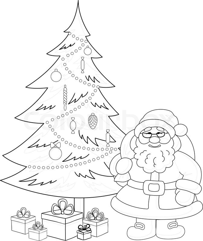 673x800 Santa Claus And Christmas Tree, Contours Stock Vector Colourbox