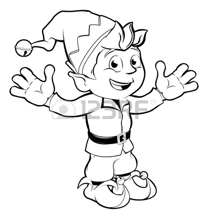428x450 Monochrome Drawing Of Happy Christmas Elf Smiling And Waving