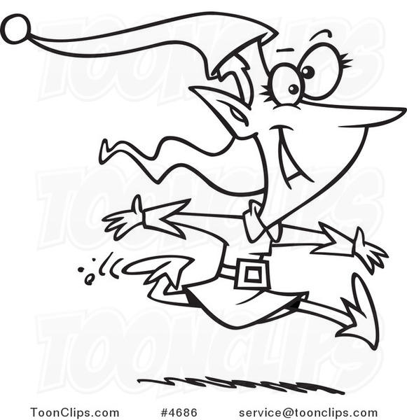 581x600 Cartoon Black And White Line Drawing Of A Christmas Elf Leaping