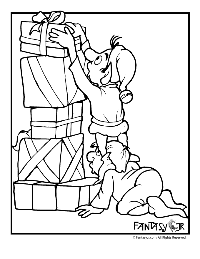 680x880 Christmas Elves With Presents Coloring Page