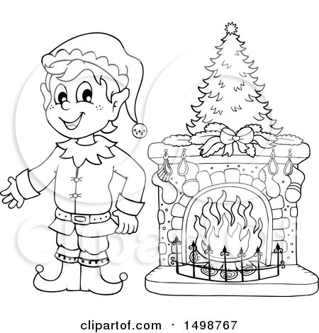 450x470 Clipart Of A Black And White Male Christmas Elf By A Fireplace