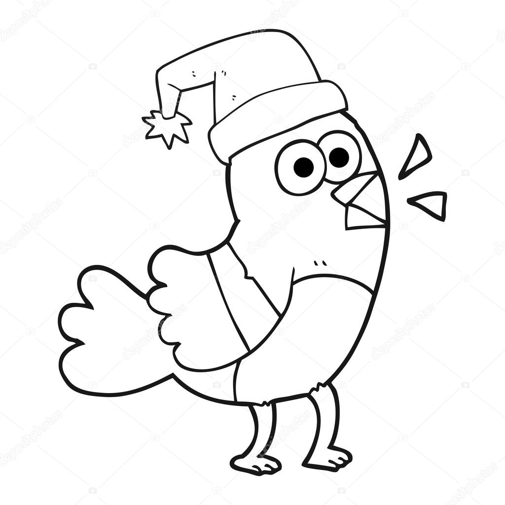 1024x1024 Black And White Cartoon Bird Wearing Christmas Hat Stock Vector