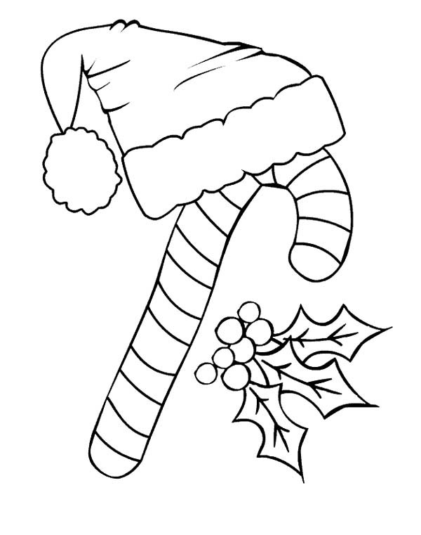 600x761 Candy Cane And Santa Claus Hat Coloring Page