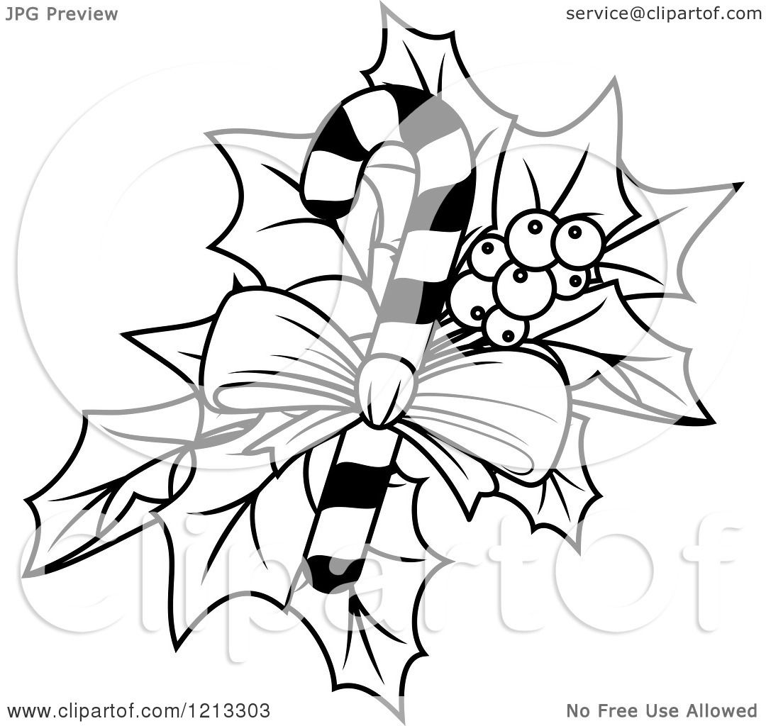 1080x1024 Clipart Of A Black And White Candy Cane With Christmas Holly
