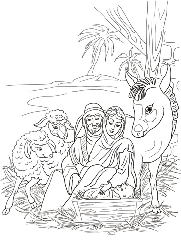 360x480 Nativity Scene With Holy Family And Animals Coloring Page Free