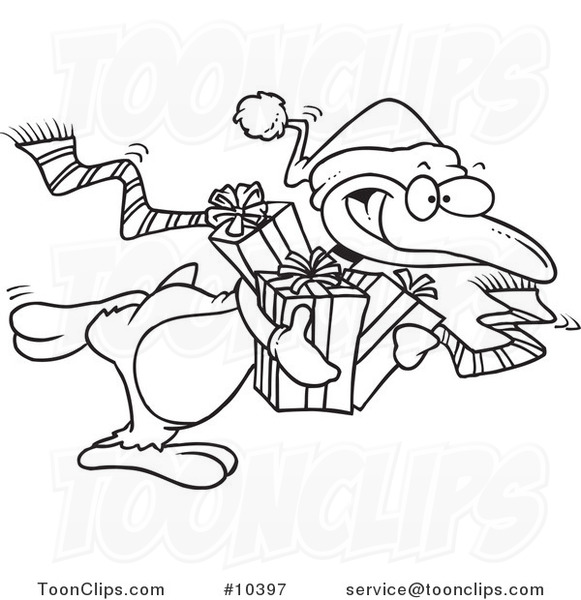 581x600 Cartoon Black And White Line Drawing Of A Giving Christmas Penguin