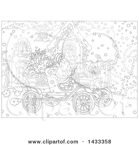 450x470 Clipart Of A Black And White Lineart Christmas Scene Of Santa