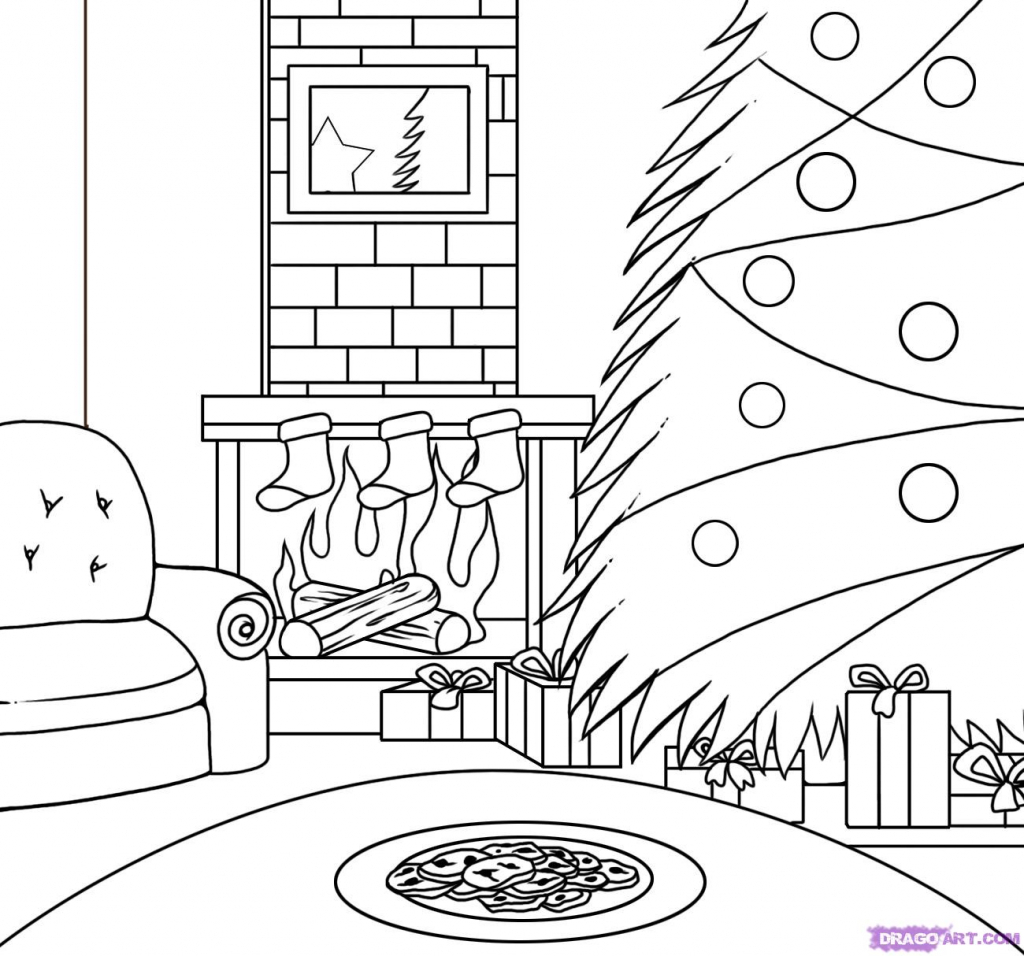 1024x956 Drawing Of Christmas How To Draw A Christmas Scene Step Step