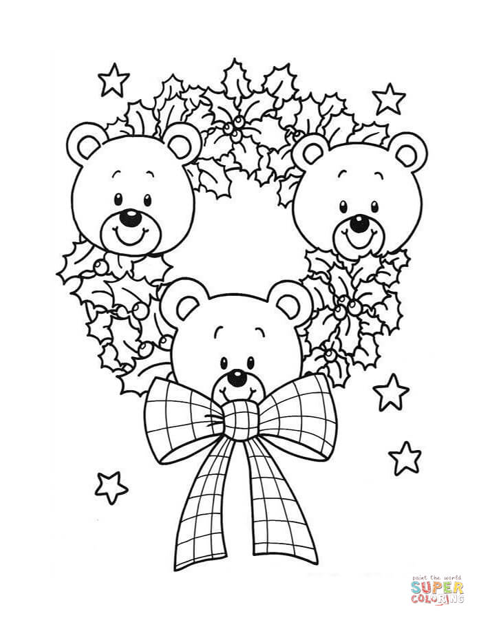 696x901 Christmas Wreath Of Teddy Bears Coloring Page Free Printable