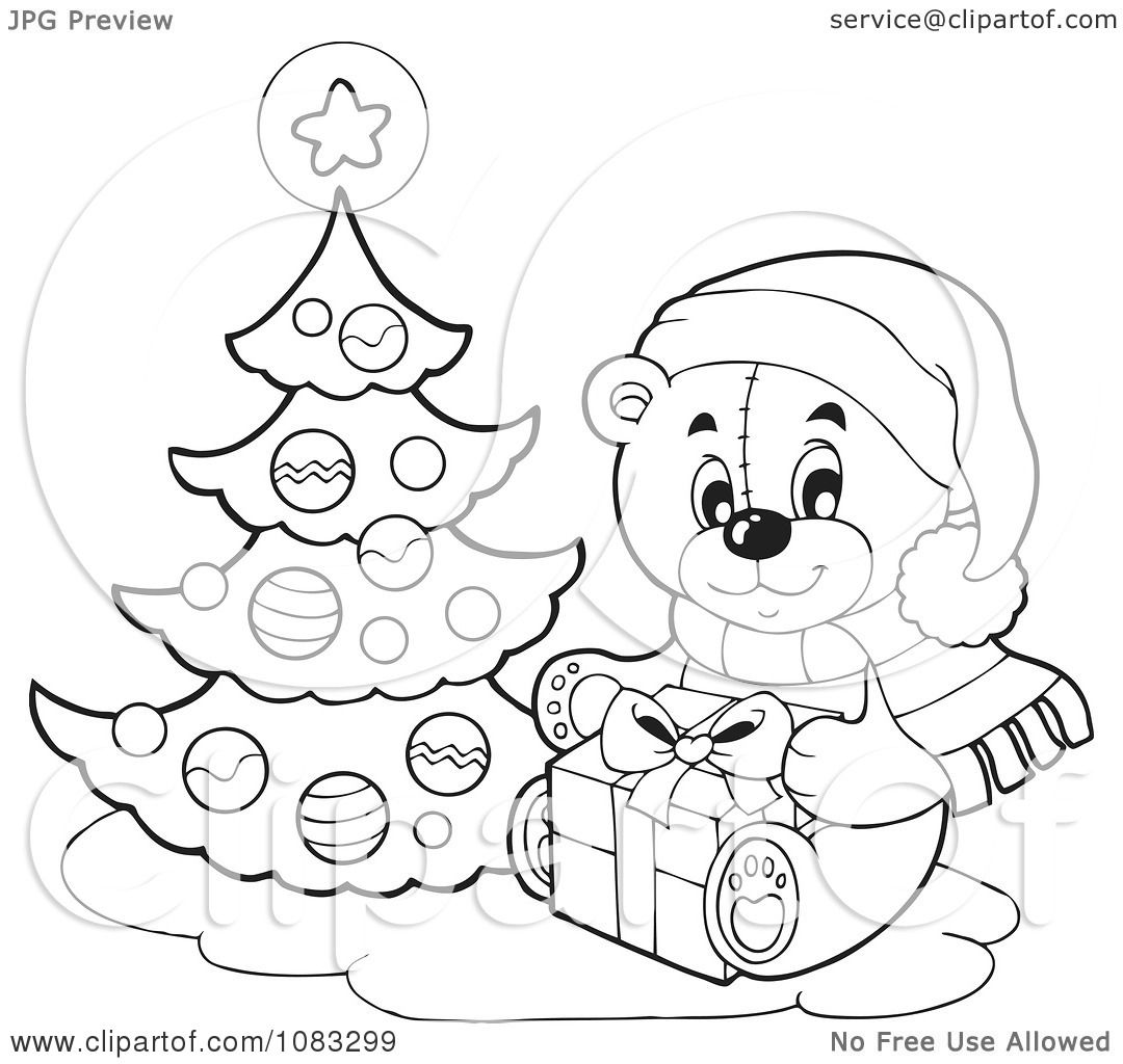 1080x1024 Clipart Outlined Christmas Teddy Bear With A Tree And Gift