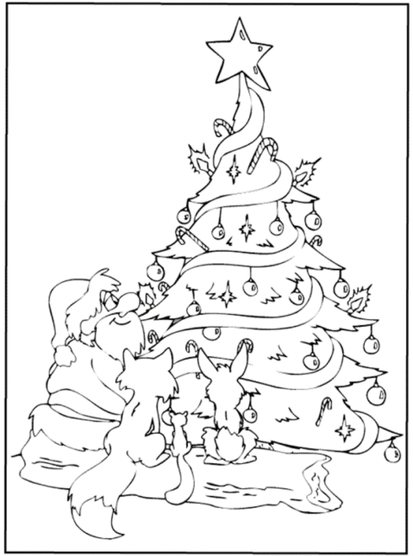 600x807 Santa And Animals Under Christmas Tree Christmas Coloring Page