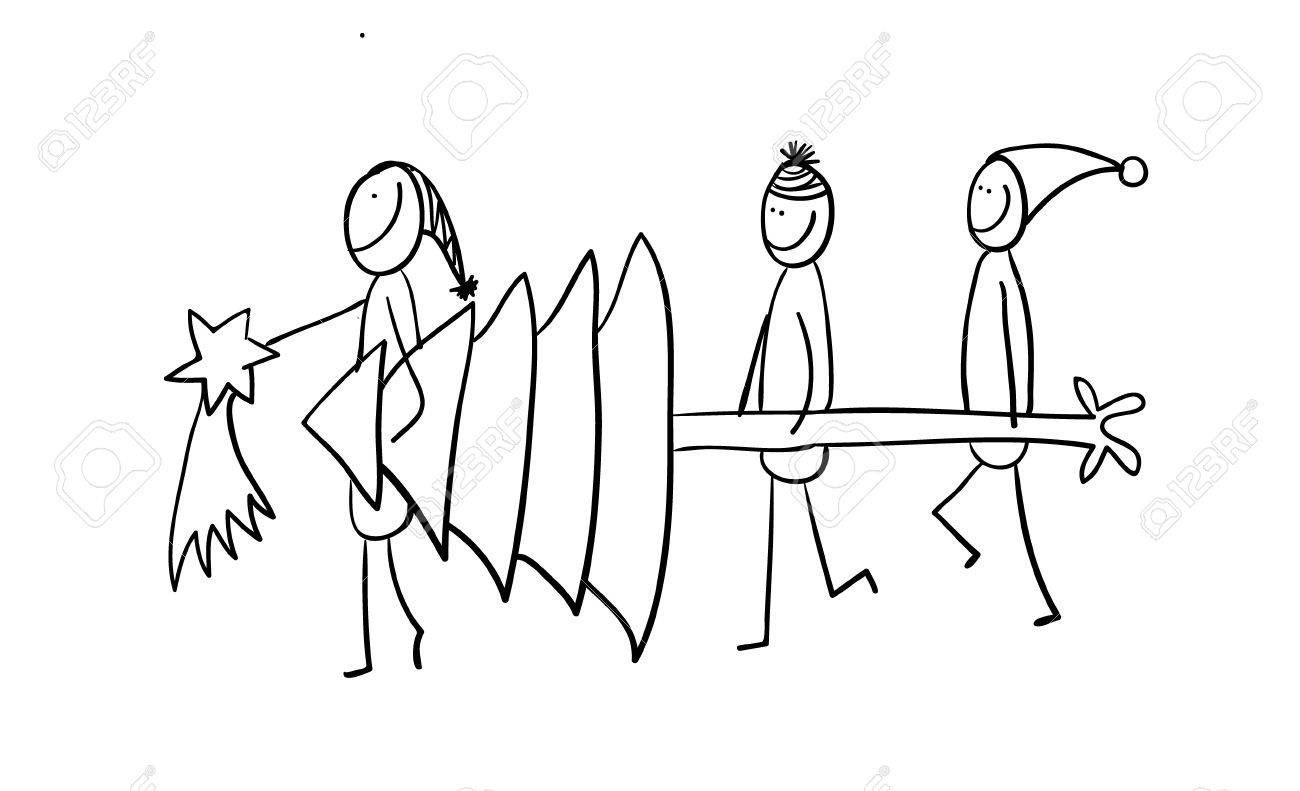 1300x791 Hand Line Drawing Three Figures Carrying A Christmas Tree Royalty