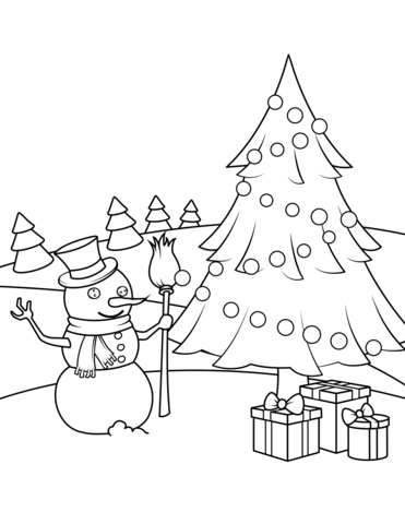 371x480 Snowman, Christmas Tree And Presents Coloring Page Free