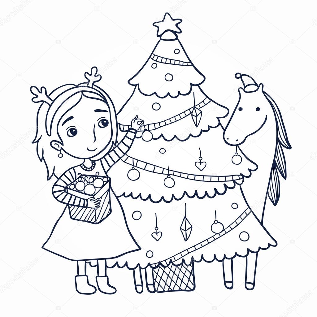 1024x1024 Girl Decorates The Christmas Tree Outline Stock Vector