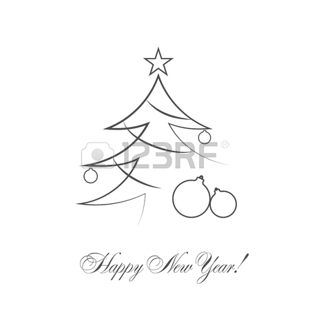 450x450 Christmas Tree With Star, Gift. Cartoon Icon. Black Silhouette