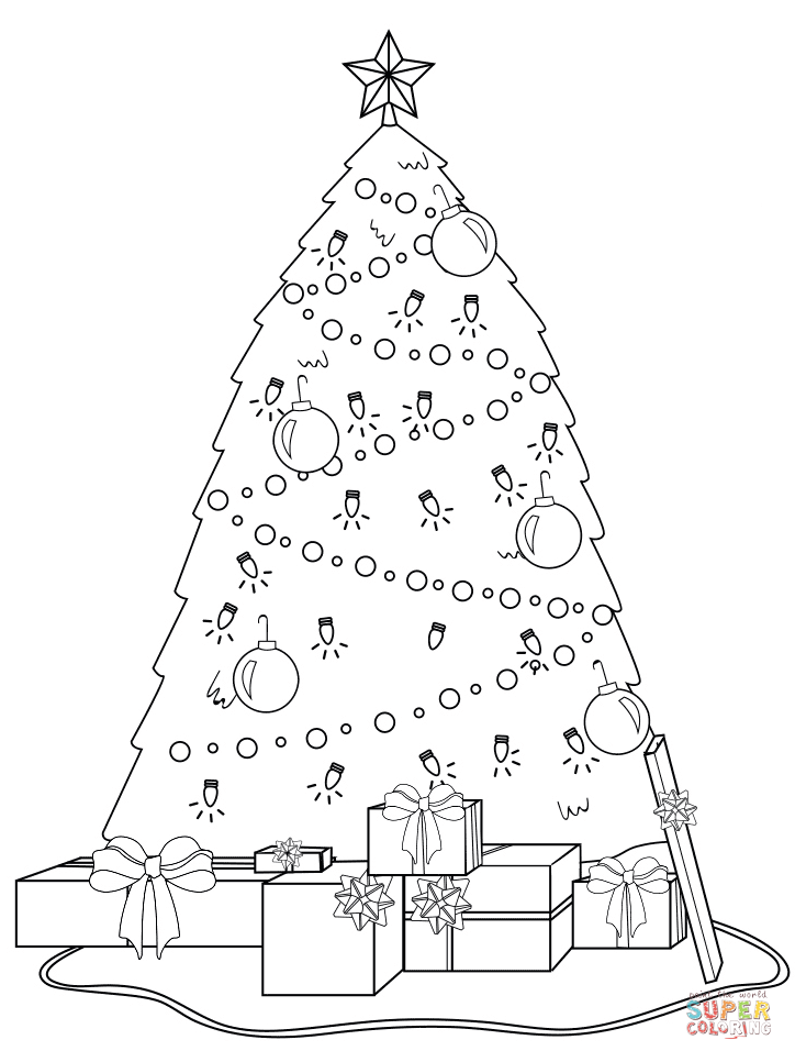 724x966 Decorated Christmas Tree With Presents Under It Coloring Page