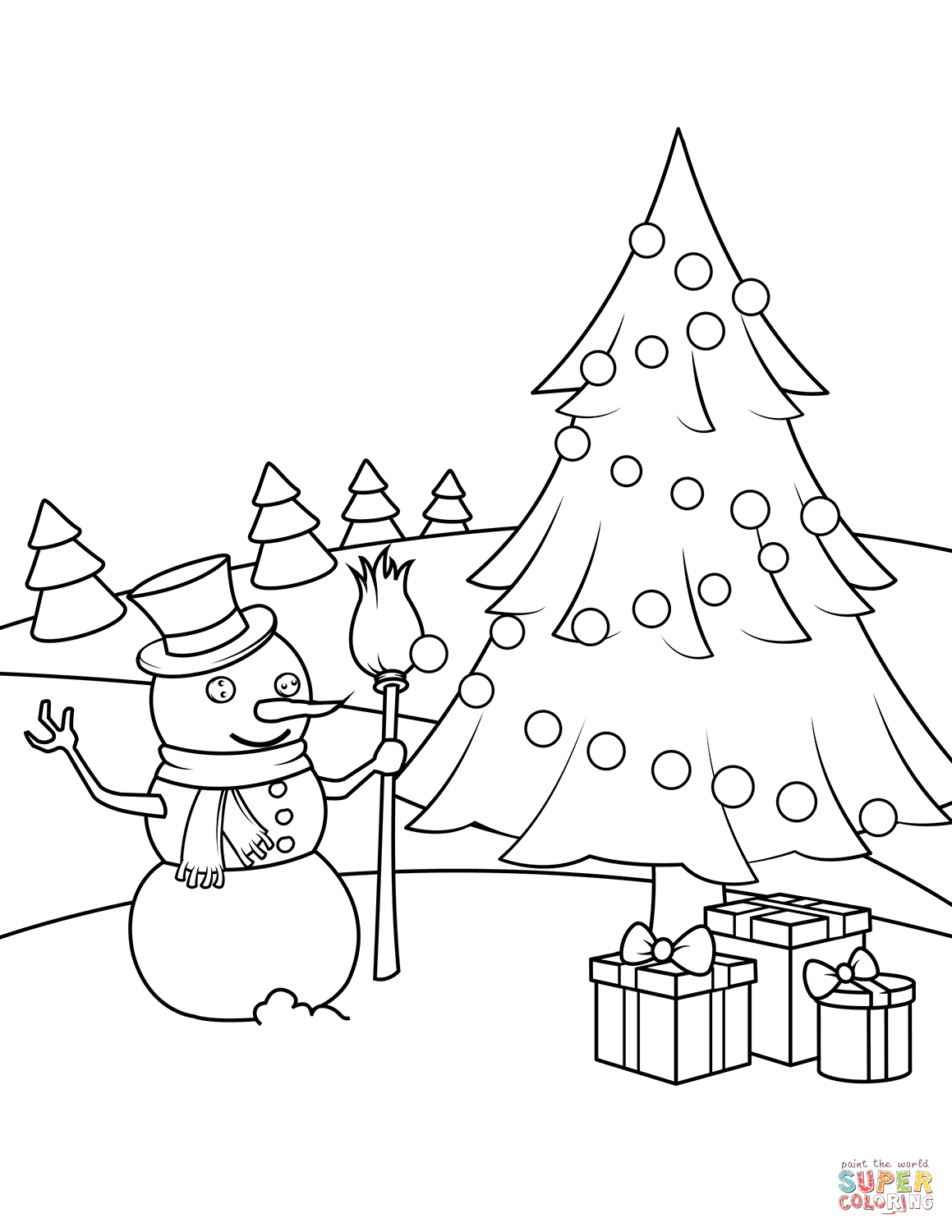 1159x1500 Snowman, Christmas Tree And Presents Coloring Page Free