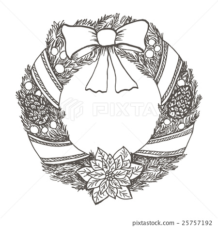 450x468 Hand Drawn Doodle Christmas Wreath. Black Pen