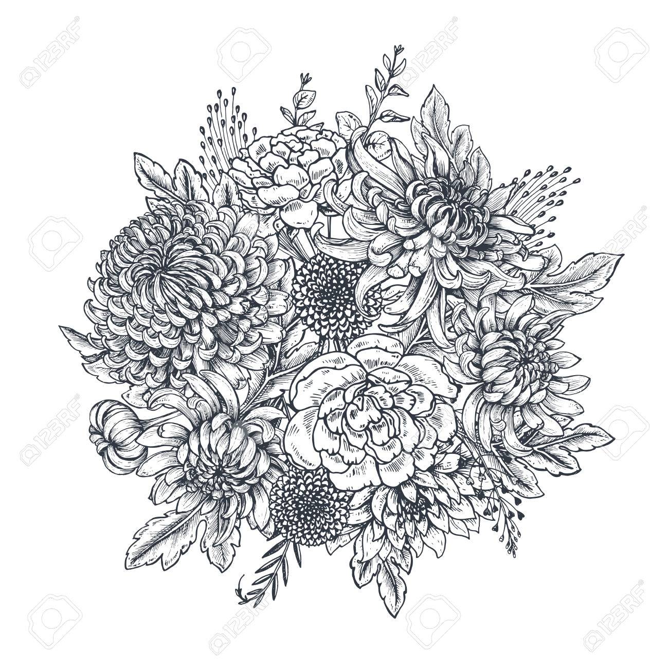 1299x1300 Vector Bouquet With Black And White Hand Drawn Chrysanthemum