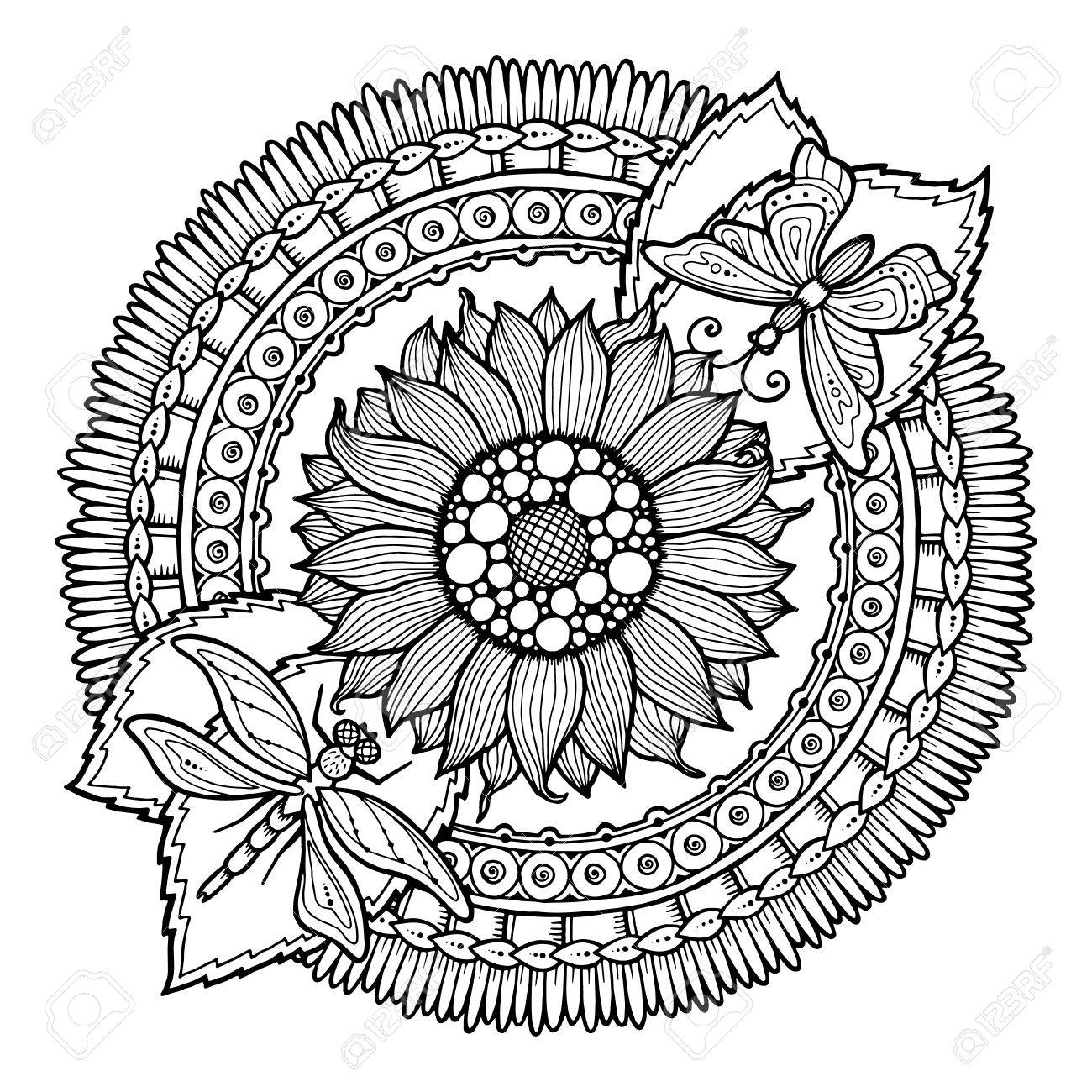 1300x1300 Circle Summer Doodle Flower Ornament. Hand Drawn Art Mandala