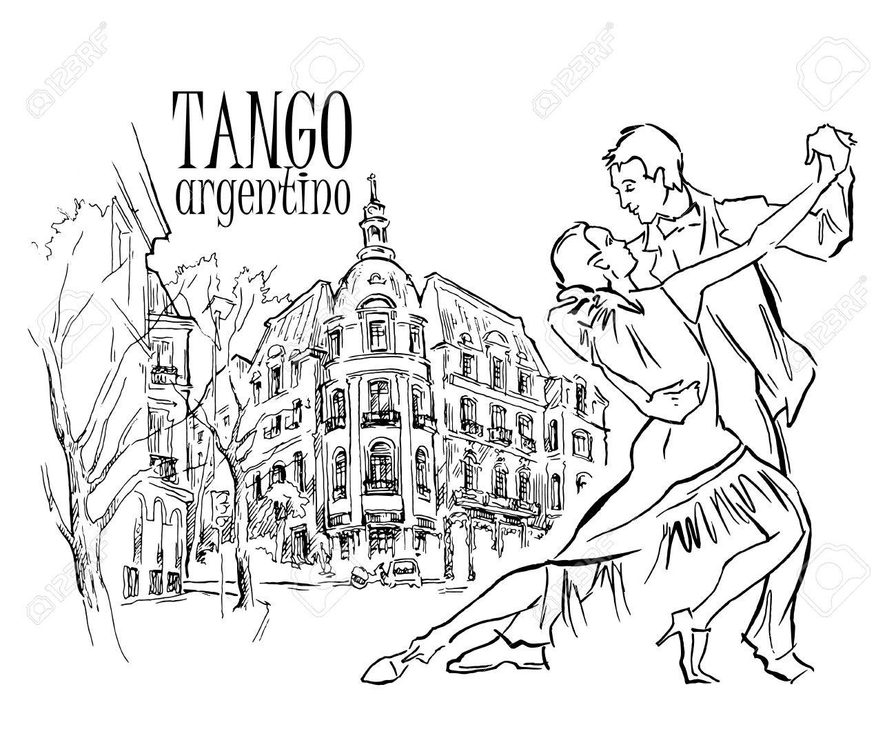 1300x1083 Hand Made Sketch Of Tango Dancers With City Background. Vector