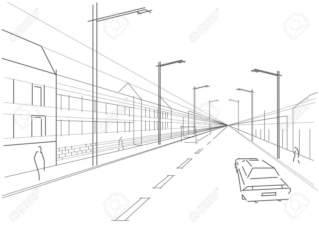 1300x919 Linear Architectural Sketch City Street White Background Royalty