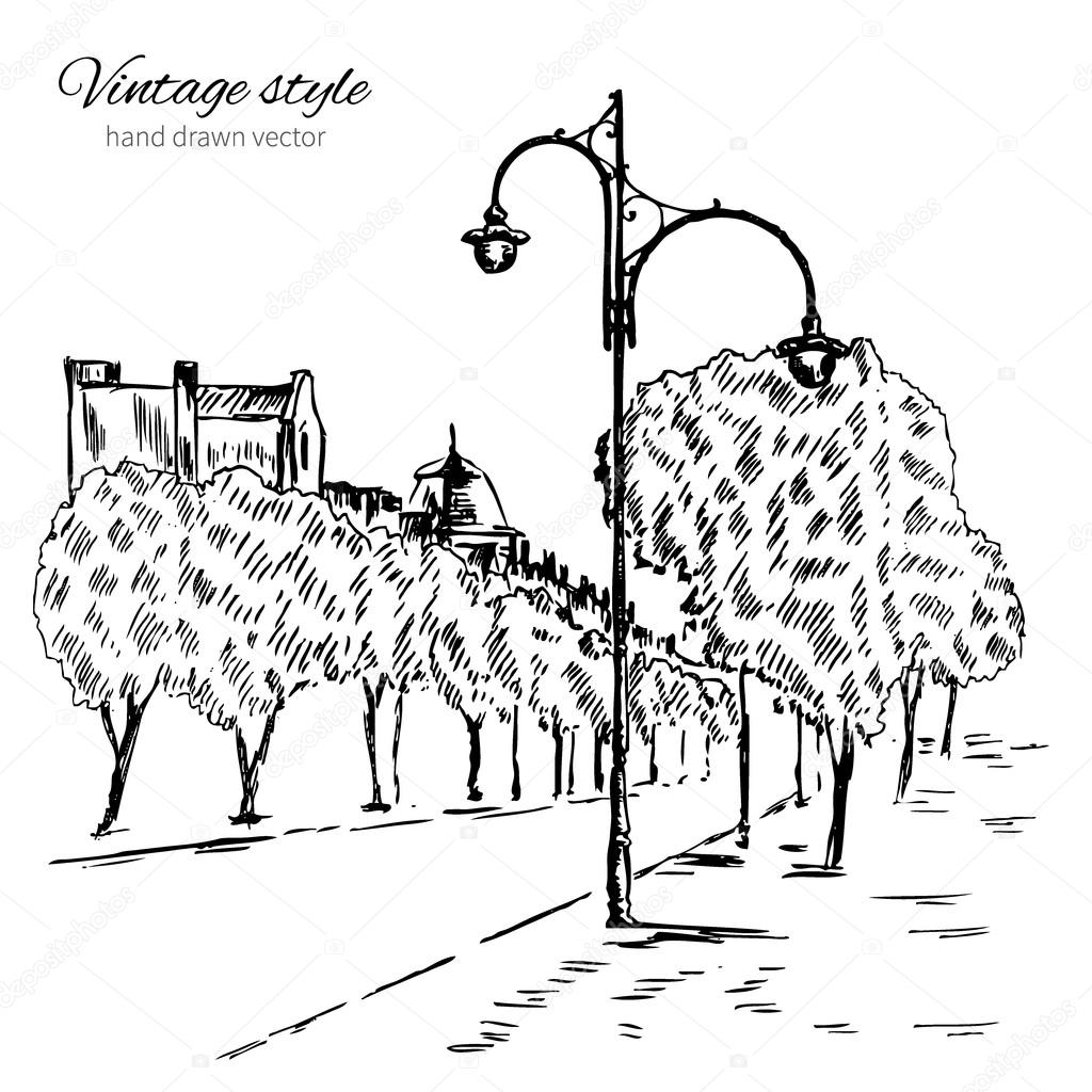 1024x1024 Urban Outline Ink Sketch, Walking City European Street With Street