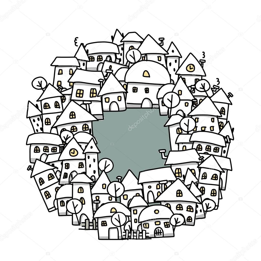 1024x1024 Winter City Sketch, Background For Your Design Stock Vector